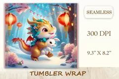 Tumbler sublimation design cute baby dragon playing with bunny, style tradition Chinese New Year. Bright saturated colors and high quality perfect for printing and sublimation.