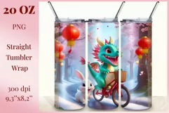 Tumbler sublimation design cute baby dragon playing with bunny, style tradition Chinese New Year. Bright saturated colors and high quality perfect for printing and sublimation.