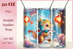 Tumbler sublimation design cute baby dragon playing with bunny, style tradition Chinese New Year. Bright saturated colors and high quality perfect for printing and sublimation.