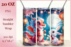 Tumbler sublimation design cute baby dragon playing with bunny, style tradition Chinese New Year. Bright saturated colors and high quality perfect for printing and sublimation.