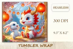 Tumbler sublimation design cute baby dragon playing with bunny, style tradition Chinese New Year. Bright saturated colors and high quality perfect for printing and sublimation.