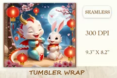 Tumbler sublimation design cute baby dragon playing with bunny, style tradition Chinese New Year. Bright saturated colors and high quality perfect for printing and sublimation