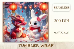 Tumbler sublimation design cute baby dragon playing with bunny, style tradition Chinese New Year. Bright saturated colors and high quality perfect for printing and sublimation.