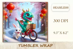 Tumbler sublimation design cute baby dragon playing with bunny, style tradition Chinese New Year. Bright saturated colors and high quality perfect for printing and sublimation.