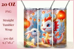 Tumbler sublimation design cute baby dragon playing with bunny, style tradition Chinese New Year. Bright saturated colors and high quality perfect for printing and sublimation.