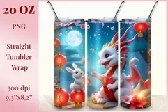 Tumbler sublimation design cute baby dragon playing with bunny, style tradition Chinese New Year. Bright saturated colors and high quality perfect for printing and sublimation.