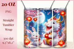 Tumbler sublimation design cute baby dragon playing with bunny, style tradition Chinese New Year. Bright saturated colors and high quality perfect for printing and sublimation.