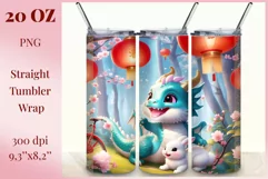 Tumbler sublimation design cute baby dragon playing with bunny, style tradition Chinese New Year. Bright saturated colors and high quality perfect for printing and sublimation.