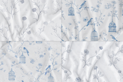 Blue Bird Garden floral blue toile seamless patterns with delicate birds, vintage cages, and subtle florals in elegant blue tones for fabric, textile, and surface design 