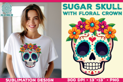 Cute Sugar Skull Sublimation Design with Floral Crown Product Image 1