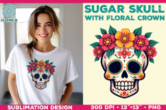 Cute Sugar Skull Sublimation Design with Floral Crown Product Image 1