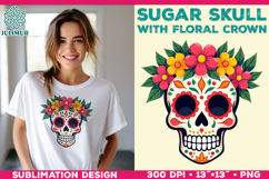 Cute Sugar Skull Sublimation Design with Floral Crown Product Image 1