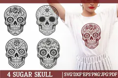 Sugar skull SVG files—floral Day of the Dead lace skulls, roses, vintage tattoo art for shirts and crafts.