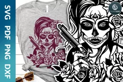 Sugar Skull Woman with pistol and roses - SVG DXF cut files Product Image 1