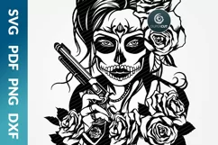 Sugar Skull Woman with pistol and roses - SVG DXF cut files Product Image 2
