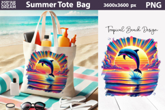 Sunset Dolphin Tote Bag Sublimation | Tropical Summer Beach Product Image 1