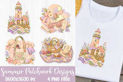 Summer beach patchwork designs featuring a lighthouse, sun hat, beach tote, and picnic basket for sublimation and DTF printing.