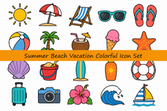 Summer Beach Vacation Colorful Icon Set Product Image 1