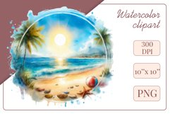 Explore our collection of vibrant watercolor clipart capturing the essence of summer beach relaxation. Perfect for cards, invitations, banners and websites, these designs infuse your projects with freshness, brightness, and joyful vibes