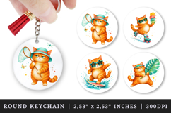 Summer Cat round keychain pintable sublimation design png Product Image 1