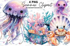 Cute Ocean Animals Clipart PNG, Watercolor Jellyfish Crab Product Image 1