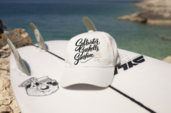 Beach phrase SVG featuring the words “Saltwater Seashells Sunshine” with a stylized ocean wave and sun. Modern script lettering with smooth lines, ideal for summer projects.