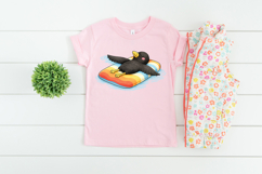 Fun and cute crow illustration for summer designs, shown floating on a colorful pool bed with gentle water ripples, perfect for t-shirts and small business products.