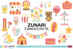 Cute summer fair clipart bundle with carnival food, games, and rides in pastel kawaii style