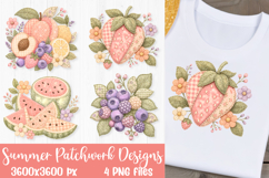 Summer fruit patchwork designs with mixed fruit arrangement, strawberry heart, watermelon slice, and berry bouquet designs for sublimation and DTF printing