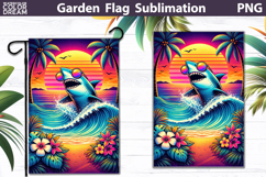Shark Garden Flag | Tropical Sunset Ocean Sublimation Product Image 1