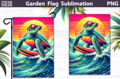Surfing Sea Turtle Garden Flag | Retro Sunset Ocean Product Image 1