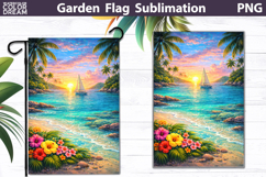 Tropical Sailboat Sunset Flag | Coastal Garden Sublimation Product Image 1