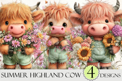 Watercolor Summer Highland Cow Clipart Product Image 1