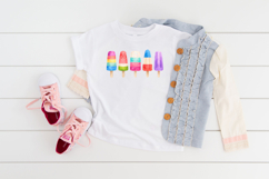 Summer popsicle PNG set showing five vertical ice pops with bold colors, hand-painted watercolor texture, and transparent backgrounds.