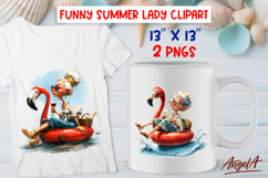 Summer vacation clipart Funny elderly lady Flamingo Wine Sea Product Image 1