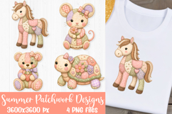 Summer patchwork animal designs featuring a horse, mouse, bear, and turtle for sublimation and DTF printing.