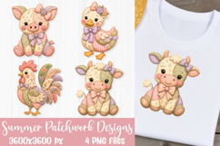 Summer patchwork designs featuring a piglet, duckling, rooster, and baby calf for sublimation and DTF printing.