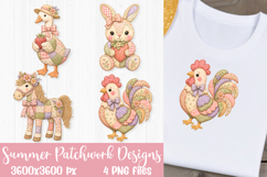 Summer patchwork farm animal designs featuring a duck, rabbit, horse, and rooster for sublimation and DTF printing.