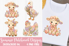 Summer patchwork farm animal designs featuring a sheep, goose, lamb, and hen for sublimation and DTF printing.