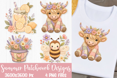 Summer patchwork designs featuring a lemon mason jar, highland cow, lavender flower bucket, and bee floral artwork for sublimation and DTF printing.