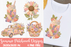 Summer patchwork bundle featuring a berry mason jar, pastel sunflower, floral truck, and lavender flower basket designs for sublimation and DTF printing.