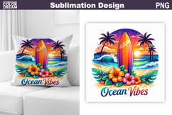 Surfboard Beach Sublimation | Tropical Ocean Pillow Product Image 1