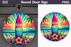 Ocean Vibes Surfboard Door Sign | Tropical Beach Round Decor Product Image 1
