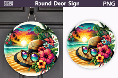Tropical Beach Hat Door Sign | Summer Sunset Round Decor Product Image 1