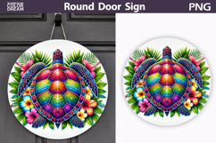 Rainbow Sea Turtle Door Sign | Tropical Floral Round Decor Product Image 1
