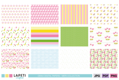 Summer scrapbook paper with flamingos and tropical fruit