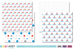 Shark pattern and colorful polka dot papers for kids, great for summer parties and ocean-themed printables.