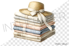 Natural straw hat topped summer fabric stack PNG textile art Product Image 1