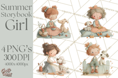 Little Girl Summer Clipart, Vintage Storybook Girl PNG Product Image 1