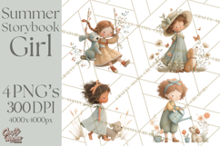 Little Girl Summer Clipart, Vintage Storybook Girl PNG Product Image 1